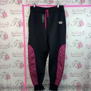 Versace Woman’s Black Joggers with Pink Logo Panels brand new greca print pants